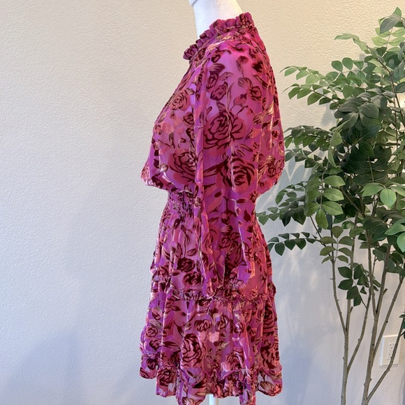 OPT Pink Velvet Floral Mock Neck Long Sleeve Tiered Mini Dress Size Extra Small - Picture 5 of 9